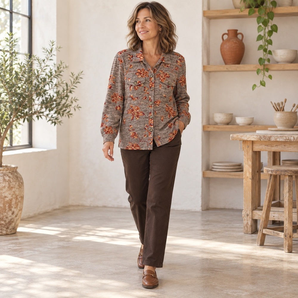 Figueroa & Flower Button Front Sweater Womens L Brown Floral Embroidered Fall